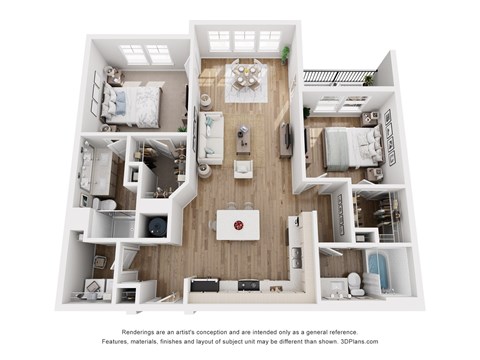 Floor plan for 2 beds, 2 baths, 1111 sqft
